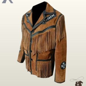 Angled profile of a traditional tan suede western coat detailing long yoke fringe, dark leather piping, and front patch pockets.