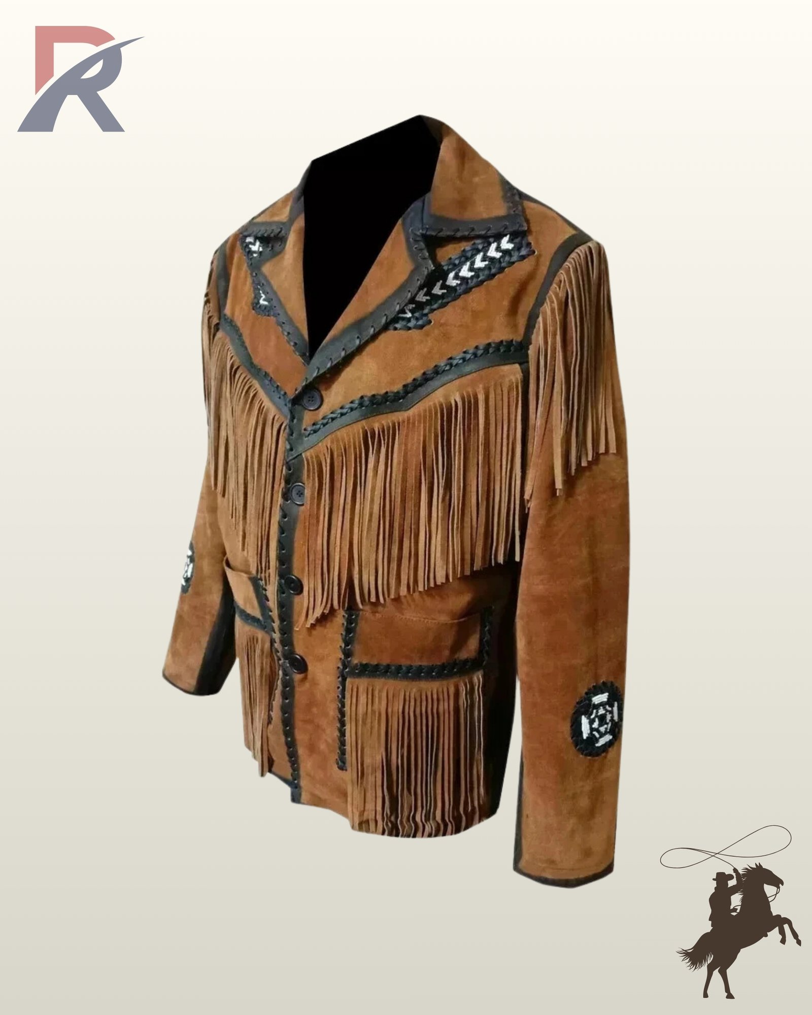 Angled profile of a traditional tan suede western coat detailing long yoke fringe, dark leather piping, and front patch pockets.