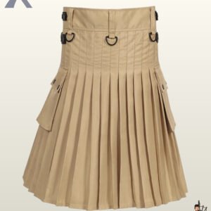 Rear view of a men's khaki tan utility kilt displaying crisp back pleating, belt loops, and D-ring attachments.