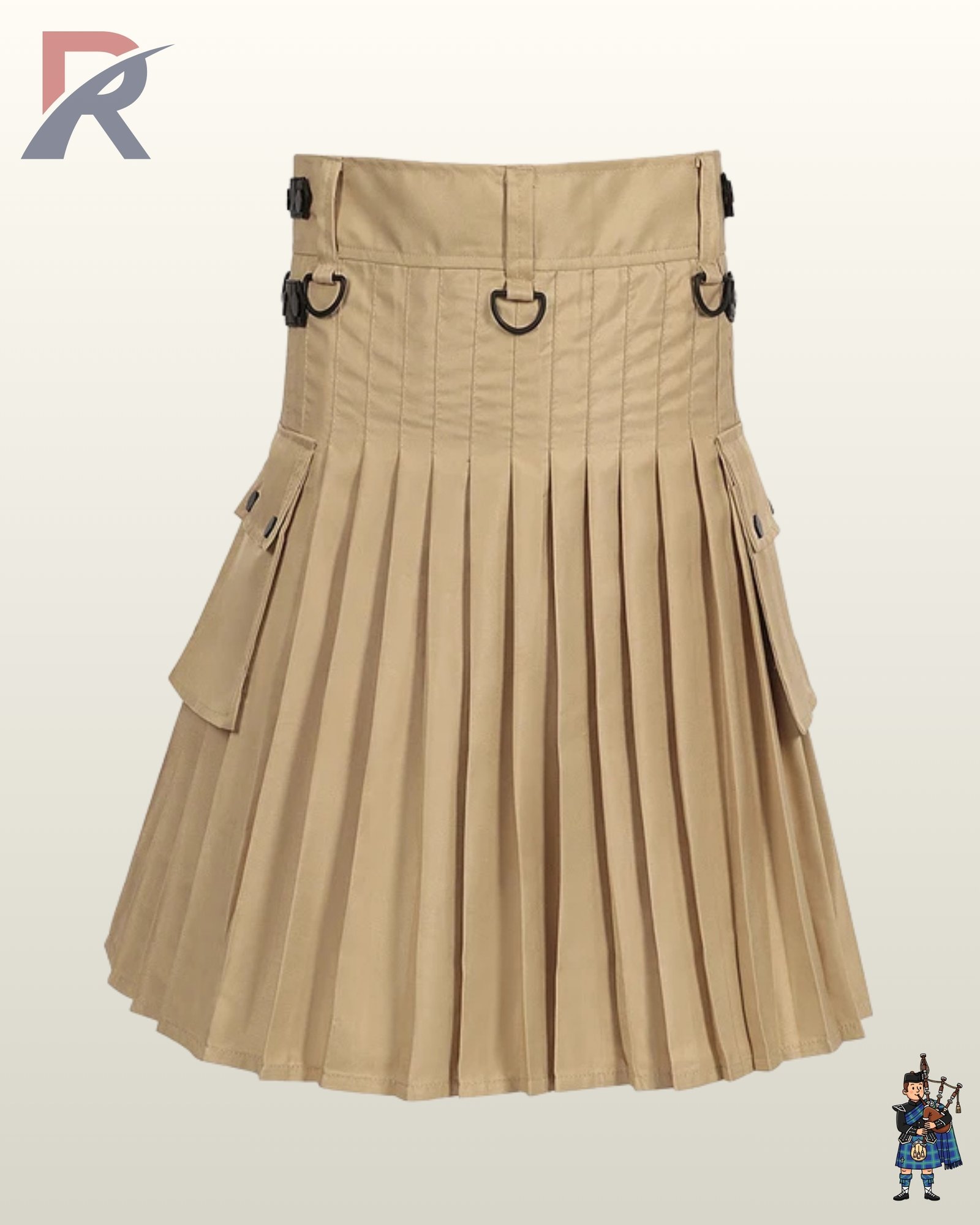 Rear view of a men's khaki tan utility kilt displaying crisp back pleating, belt loops, and D-ring attachments.