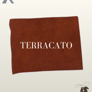 Texture sample of terracotta red suede material showing natural leather nap and color tone.
