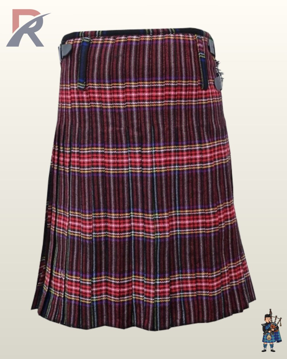 Classic Black Stewart plaid kilt for men featuring adjustable side straps and fringed front panel.