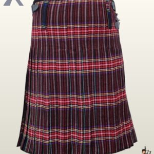 Classic Black Stewart plaid kilt for men featuring adjustable side straps and fringed front panel.