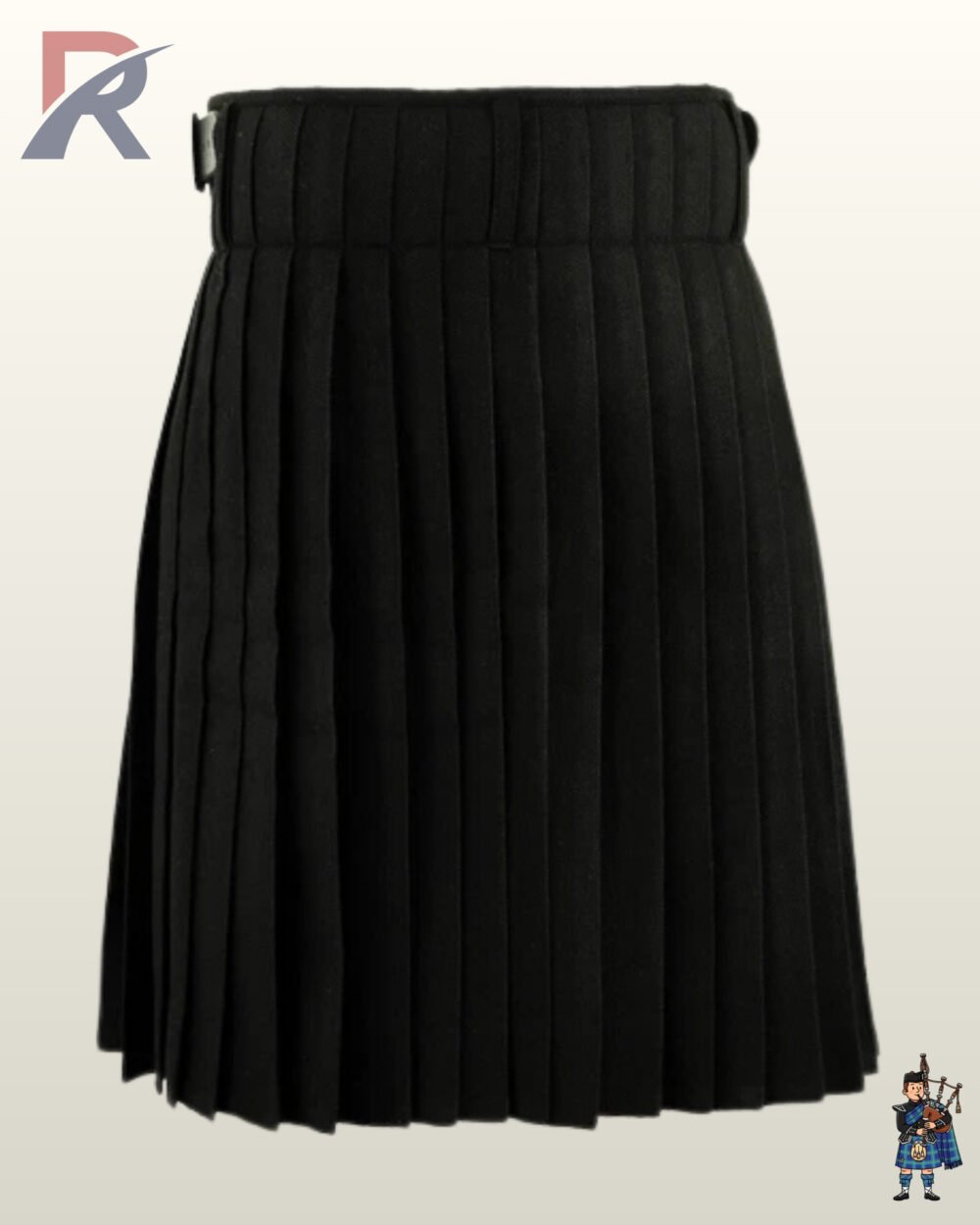 Back view of a men's black utility kilt paired with a leather shamrock belt.