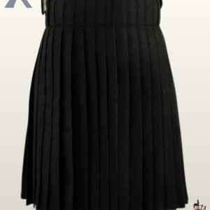 Back view of a men's black utility kilt paired with a leather shamrock belt.