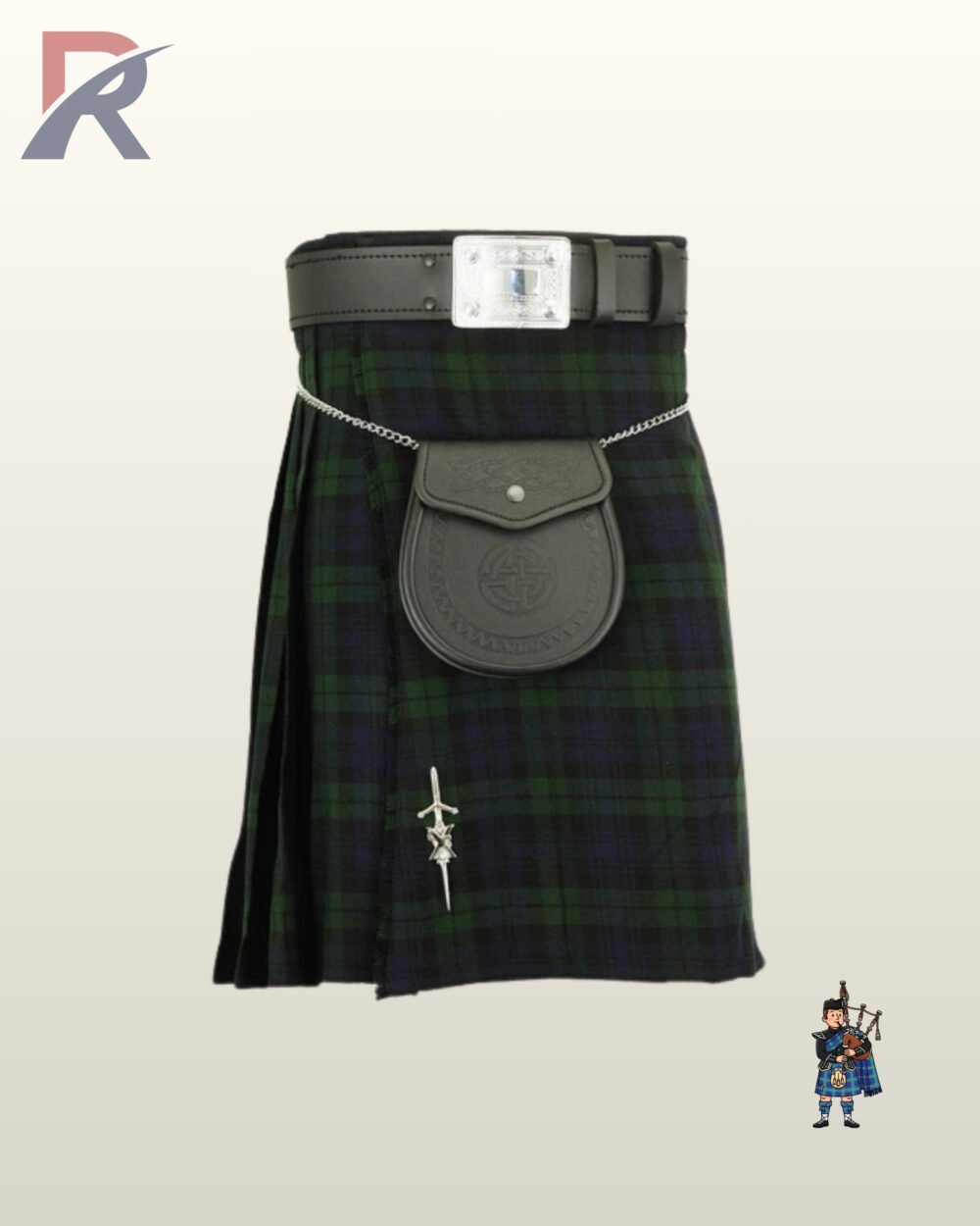 Men's Black Watch tartan kilt outfit complete with black leather belt, embossed sporran, and silver kilt pin.