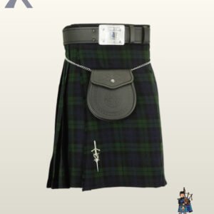 Men's Black Watch tartan kilt outfit complete with black leather belt, embossed sporran, and silver kilt pin.
