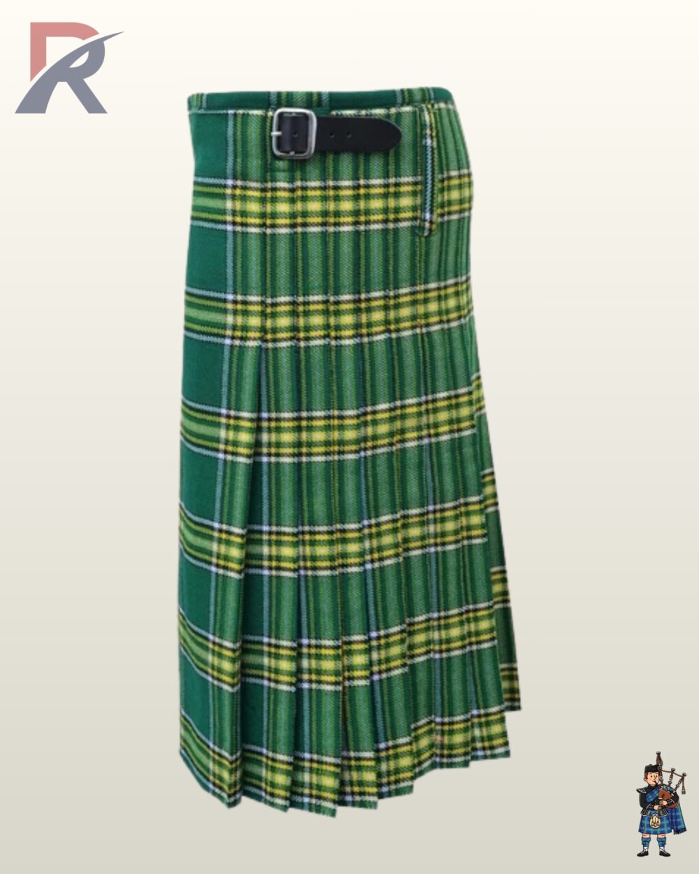 Classic Irish National green plaid kilt detailed with high-contrast yellow lines and fringed border.