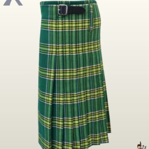 Classic Irish National green plaid kilt detailed with high-contrast yellow lines and fringed border.