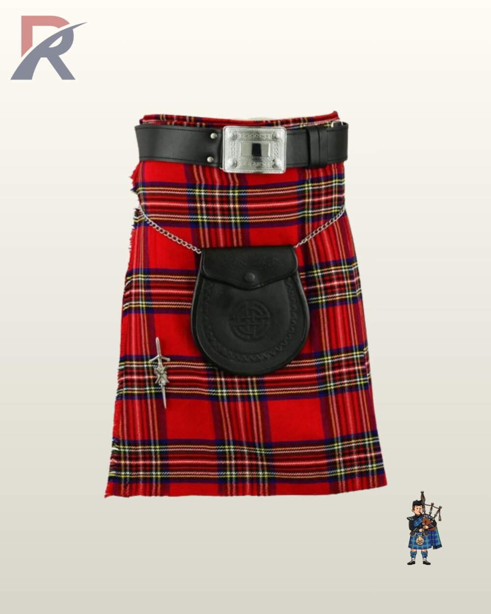 Classic Royal Stewart tartan highland dress kilt complete with a black leather belt and embossed sporran.
