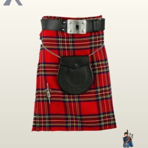 Classic Royal Stewart tartan highland dress kilt complete with a black leather belt and embossed sporran.