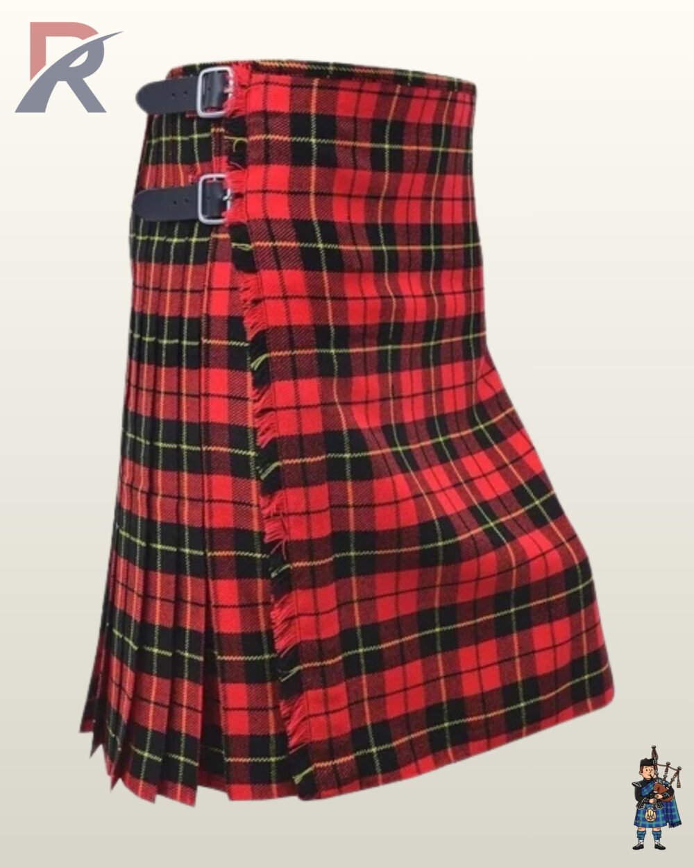 Side view of a men's classic red Royal Stewart tartan kilt featuring black leather side buckles.