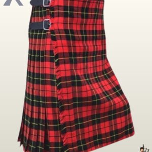 Side view of a men's classic red Royal Stewart tartan kilt featuring black leather side buckles.