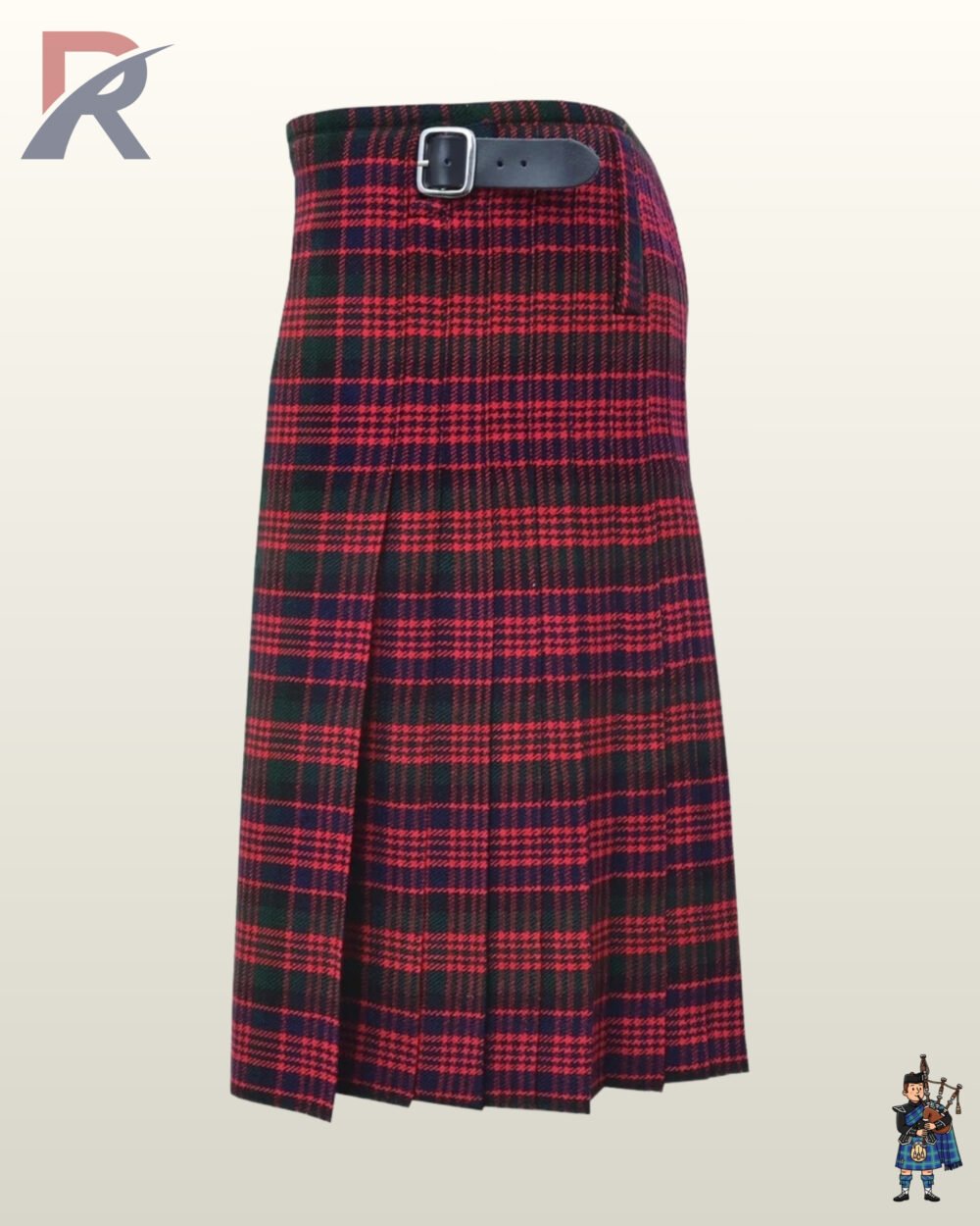 Men's Wallace tartan kilt showing detailed weave, side pleats, and double leather strap closures.