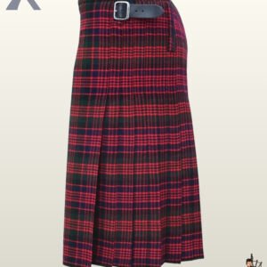 Men's Wallace tartan kilt showing detailed weave, side pleats, and double leather strap closures.