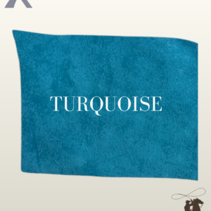 Texture sample of bright turquoise genuine suede leather showing material grain and rich color.