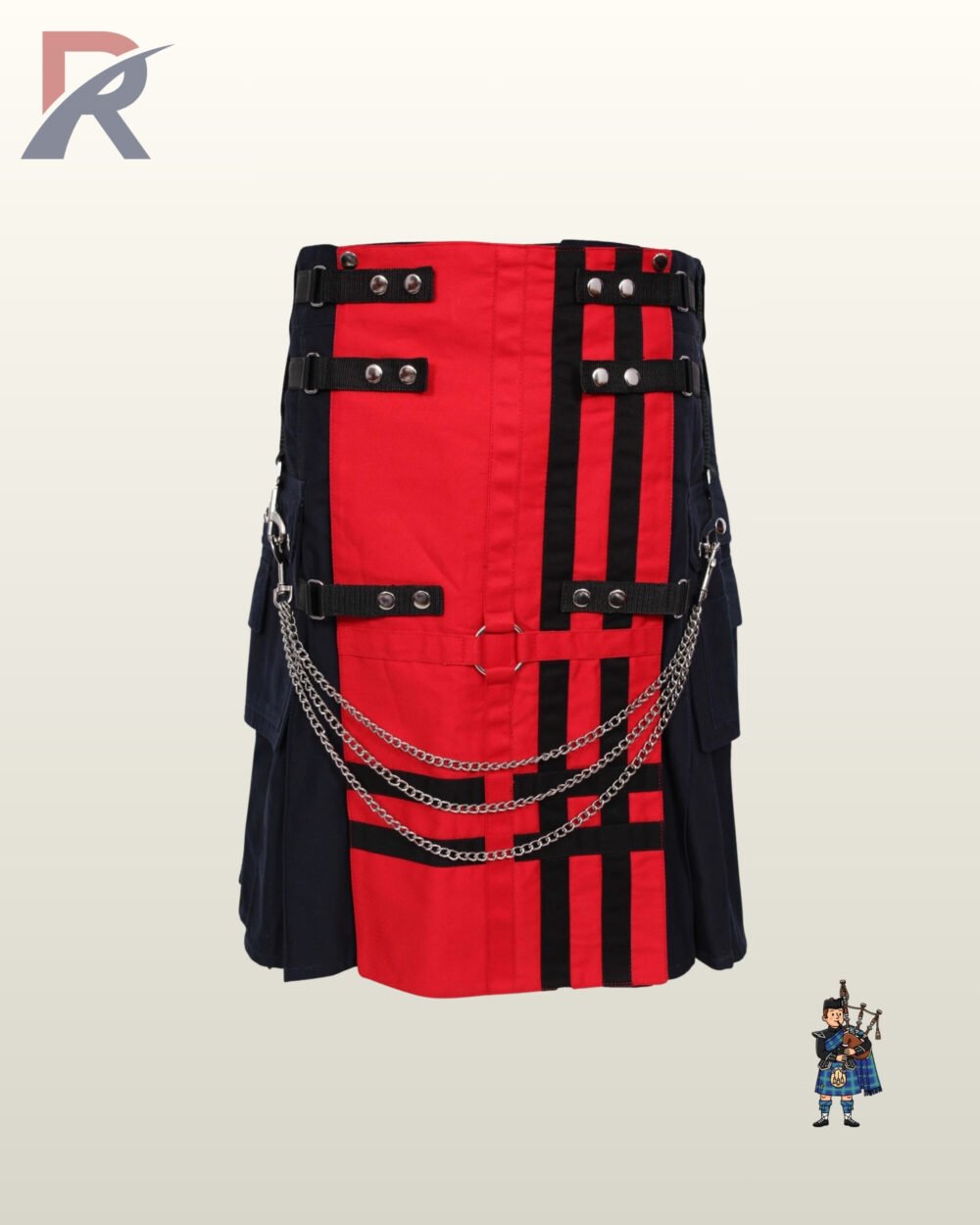 Front view of a men's red and black gothic utility kilt featuring three draped silver chains and side cargo pockets.