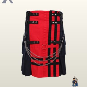Front view of a men's red and black gothic utility kilt featuring three draped silver chains and side cargo pockets.