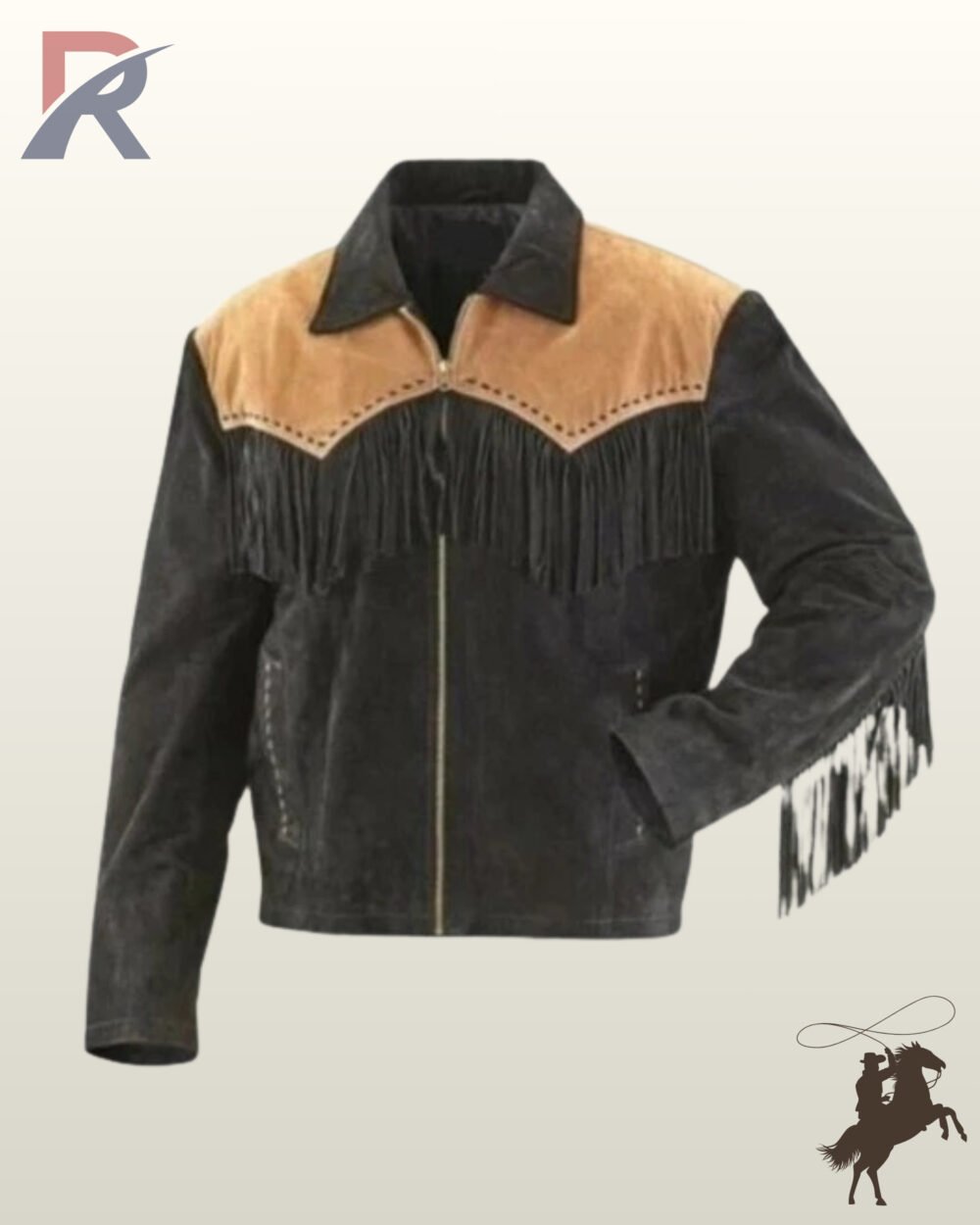 Front view of a men's black genuine suede western jacket styled with tan shoulder yokes, black chest fringe, whipstitched seams, and full zip closure.