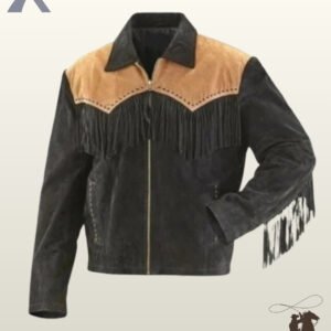 Front view of a men's black genuine suede western jacket styled with tan shoulder yokes, black chest fringe, whipstitched seams, and full zip closure.