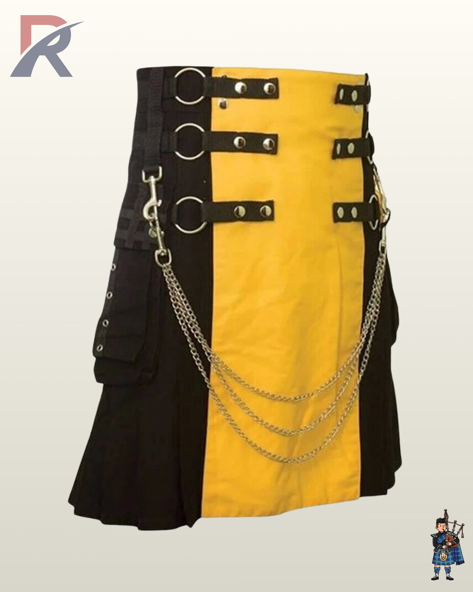 Gothic punk men's tactical canvas kilt displaying layered front metal chains, black webbing straps, and silver snap studs.