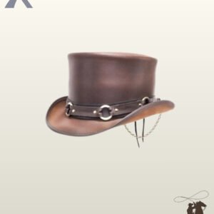 Side profile view of a brown leather steampunk top hat displaying a studded leather band with metallic rings and a side hanging chain.