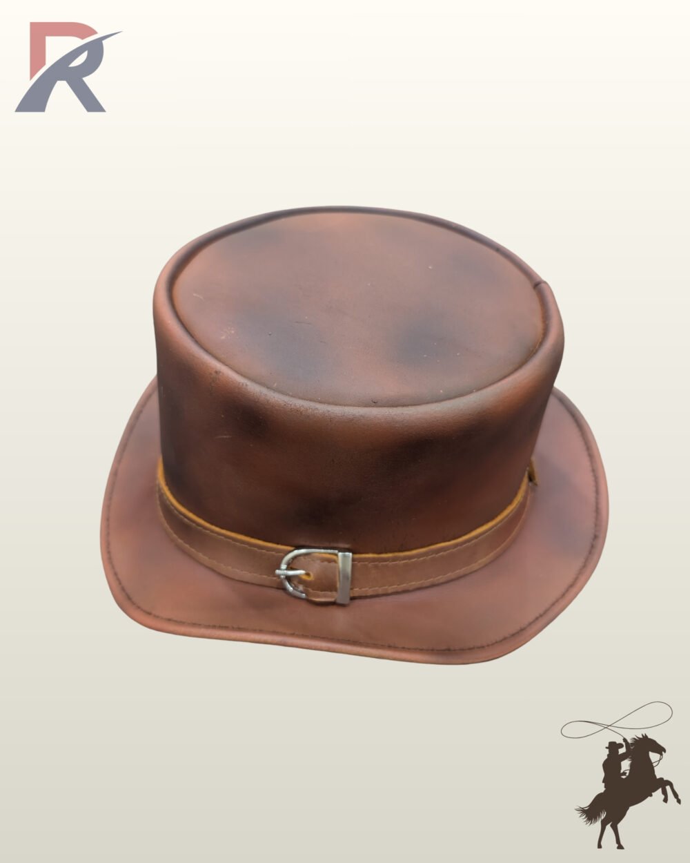 Front view of a distressed cognac brown leather steampunk top hat featuring a stitched leather hatband secured with a silver buckle.