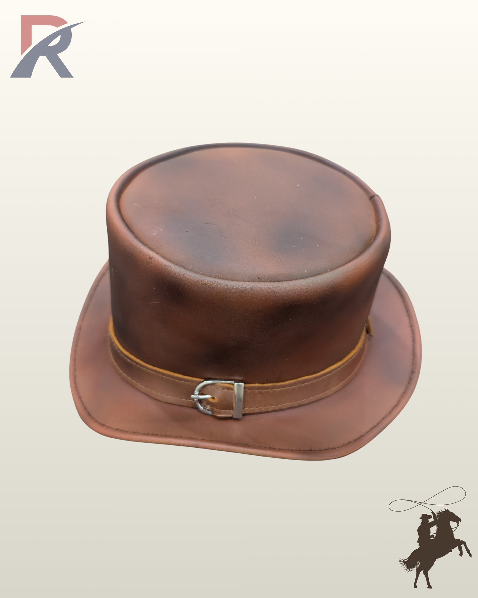 Front view of a distressed cognac brown leather steampunk top hat featuring a stitched leather hatband secured with a silver buckle.
