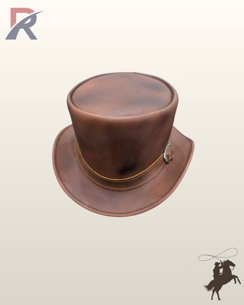High-angle top perspective of a distressed brown leather steampunk top hat displaying its flat crown, curved brim, and side buckle detail.