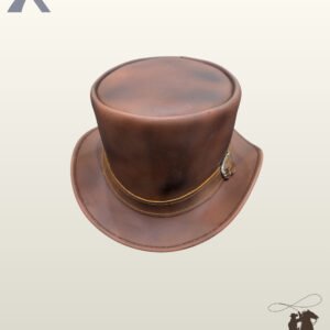 High-angle top perspective of a distressed brown leather steampunk top hat displaying its flat crown, curved brim, and side buckle detail.