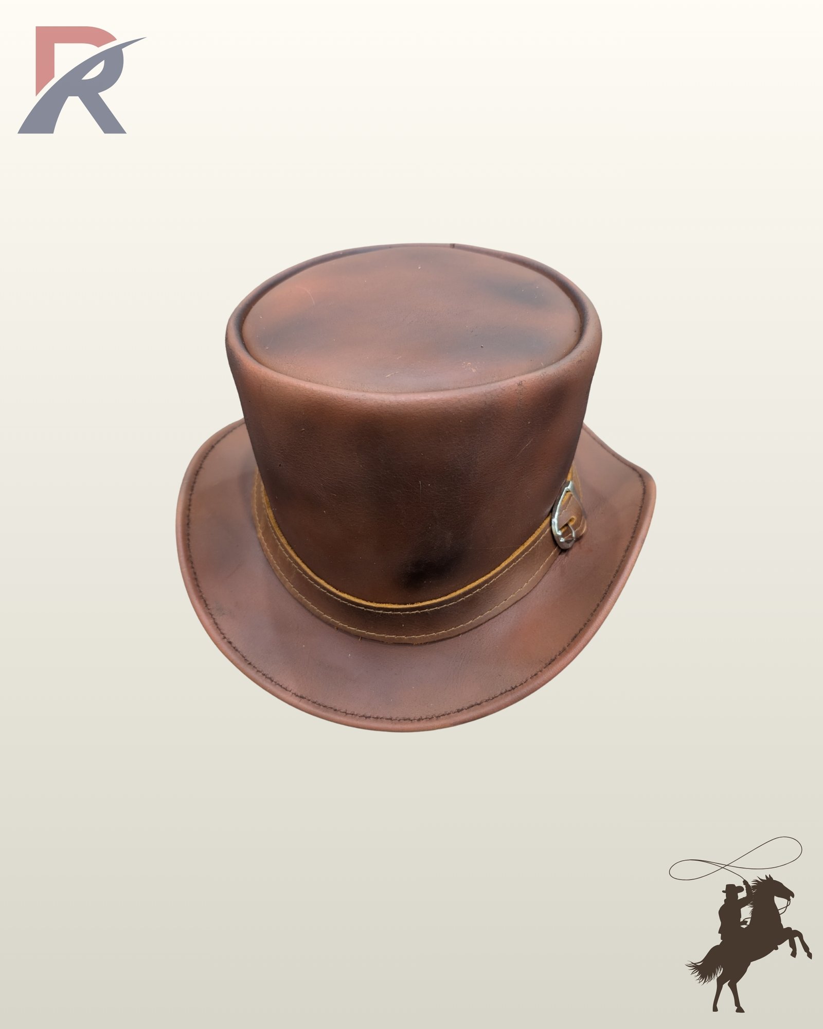 High-angle top perspective of a distressed brown leather steampunk top hat displaying its flat crown, curved brim, and side buckle detail.