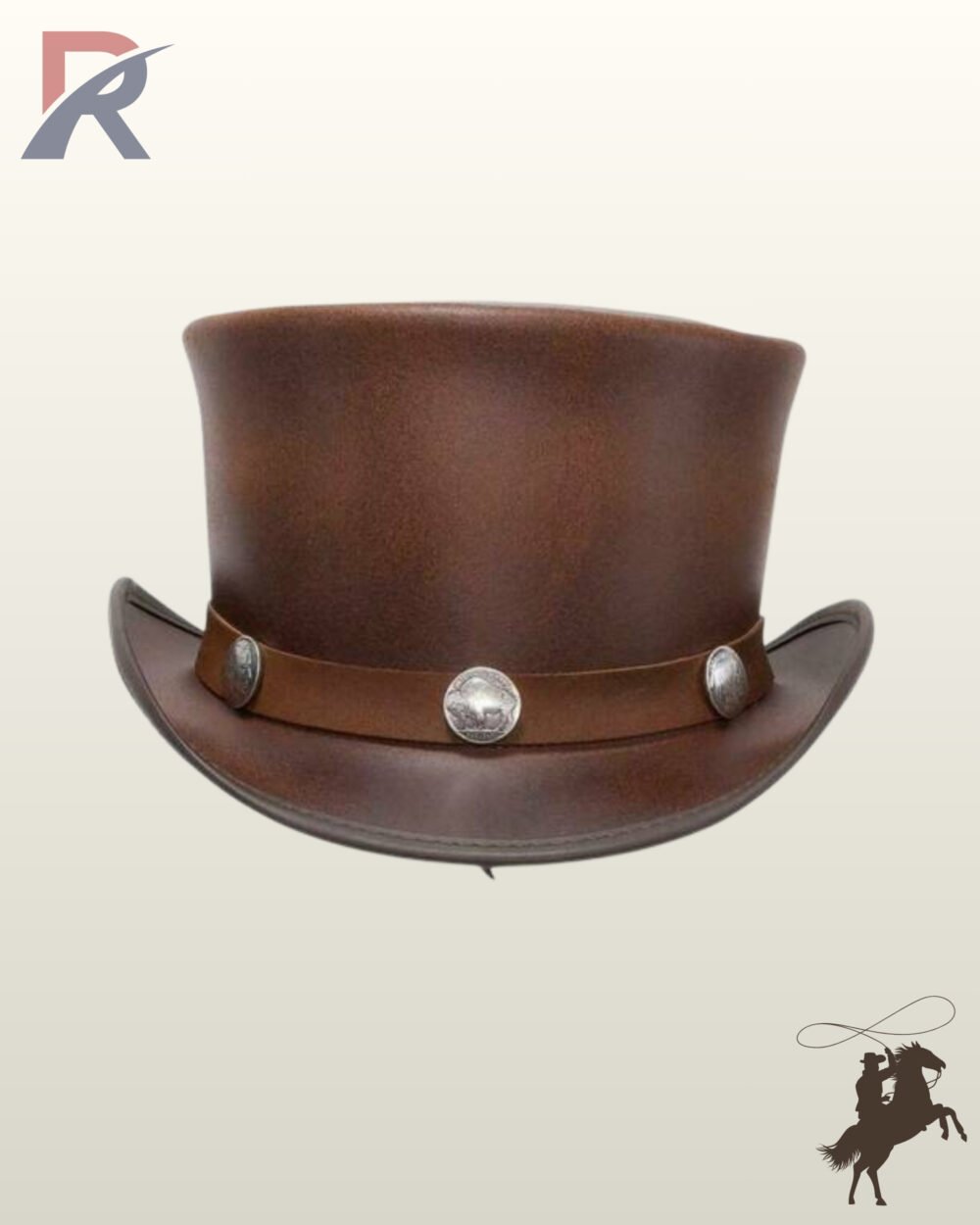 Direct front view of a cognac brown leather steampunk top hat featuring a smooth leather hatband embellished with silver coin conchos.