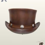 Direct front view of a cognac brown leather steampunk top hat featuring a smooth leather hatband embellished with silver coin conchos.