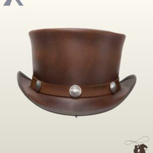 Direct front view of a cognac brown leather steampunk top hat featuring a smooth leather hatband embellished with silver coin conchos.