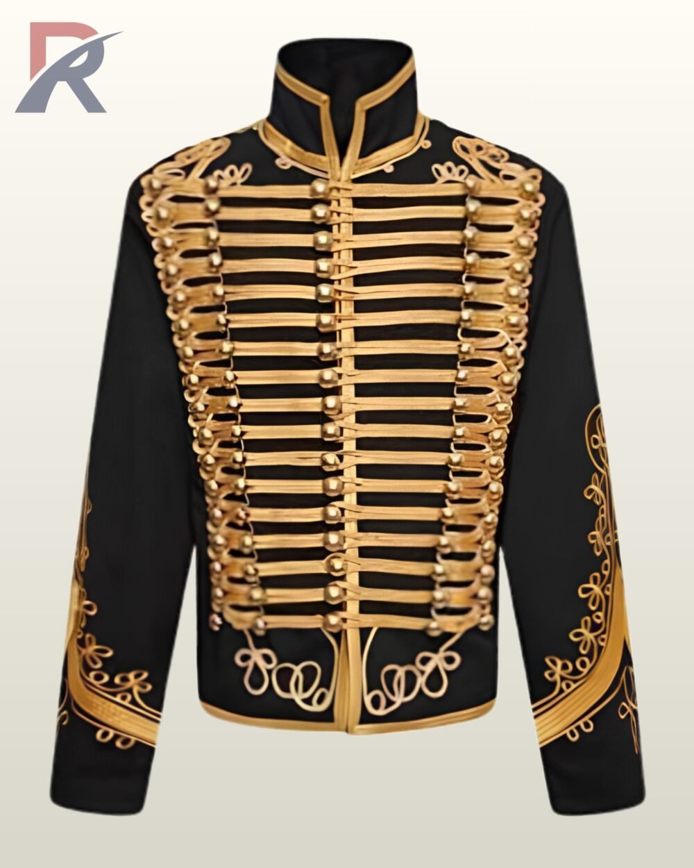 Direct front flat product view of a men's black hussar military parade jacket featuring heavy gold horizontal braid lacings, brass ball buttons, and gold embroidered sleeve cuffs.