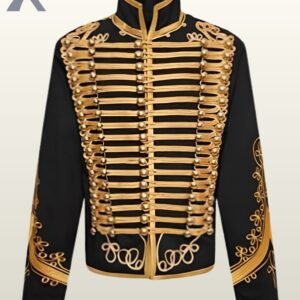 Direct front flat product view of a men's black hussar military parade jacket featuring heavy gold horizontal braid lacings, brass ball buttons, and gold embroidered sleeve cuffs.