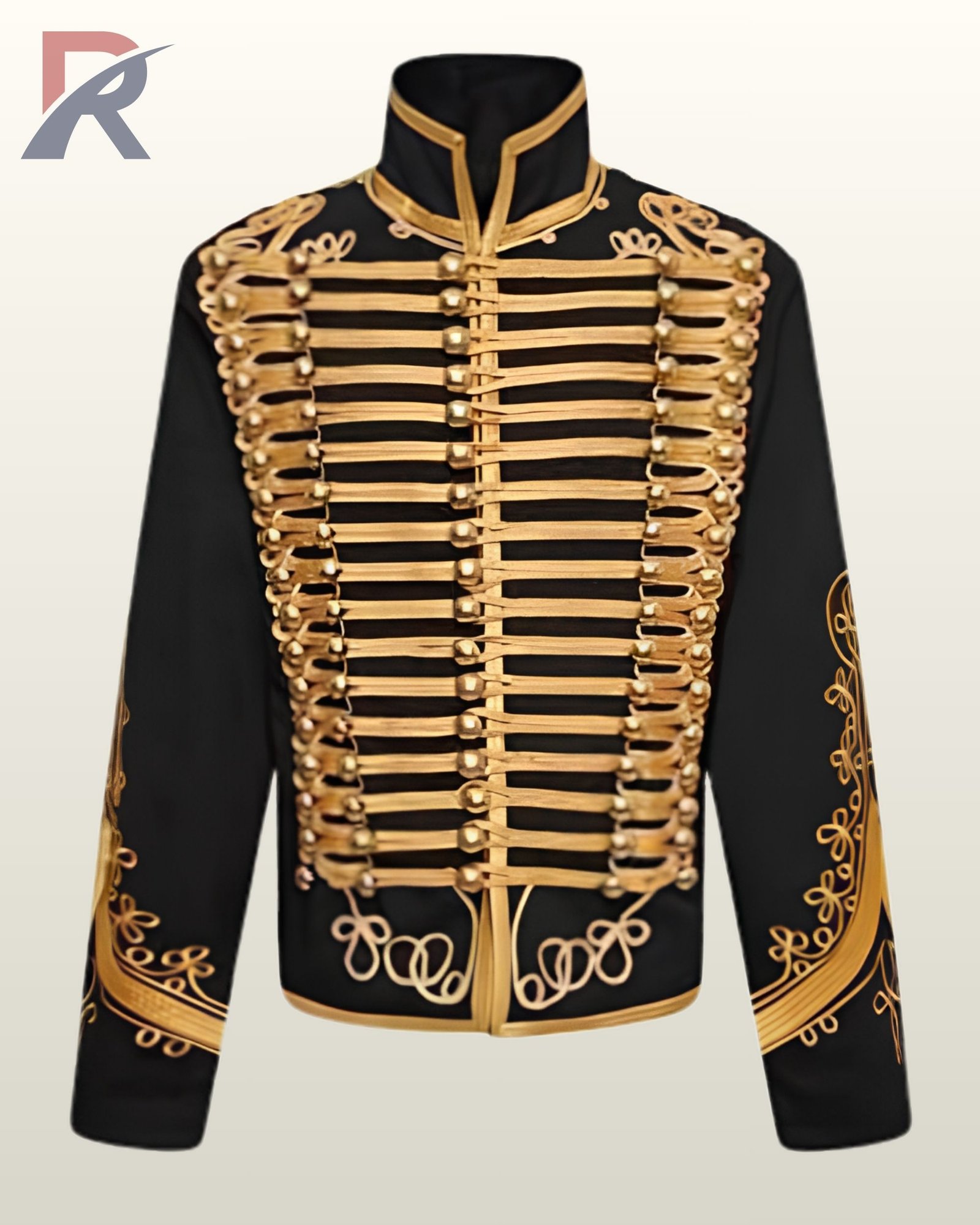 Direct front flat product view of a men's black hussar military parade jacket featuring heavy gold horizontal braid lacings, brass ball buttons, and gold embroidered sleeve cuffs.