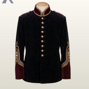 Flat display of a men's victorian gothic parade tunic jacket in plush black velvet with maroon velvet cuffs and ornate gold sleeve braid loops.