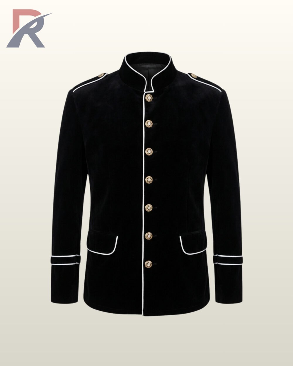 Direct front flat product view of a men's black velvet military officer jacket featuring white contrast piping, standing mandarin collar, and gold brass buttons.
