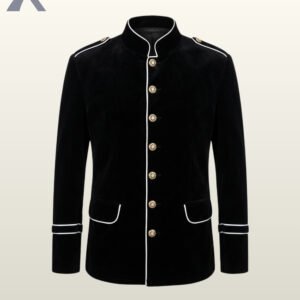 Direct front flat product view of a men's black velvet military officer jacket featuring white contrast piping, standing mandarin collar, and gold brass buttons.