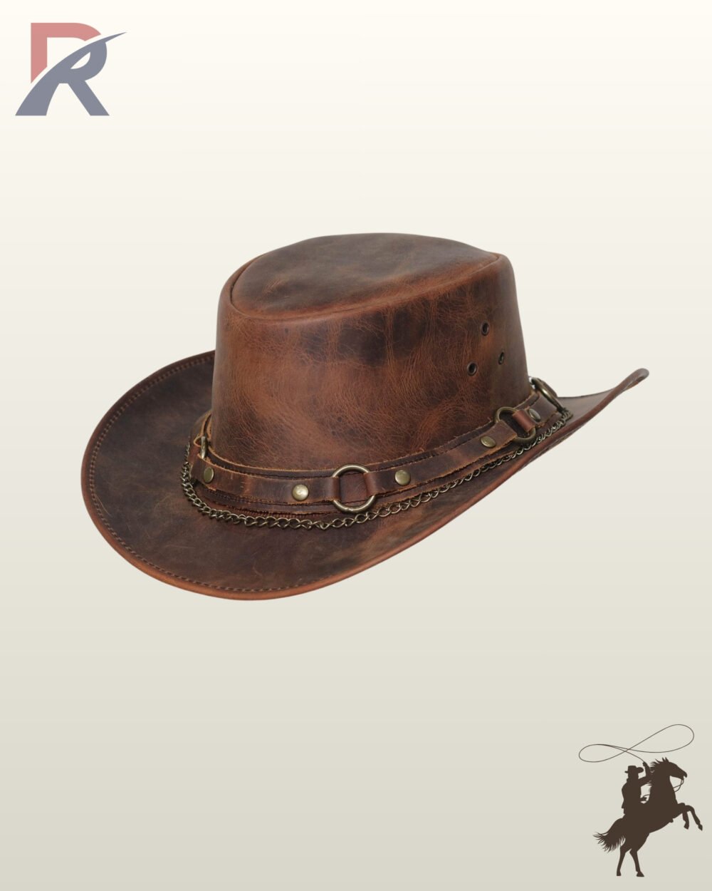 Three-quarter side view of a distressed tan brown leather western hat showcasing side ventilation grommets, brass ring hardware, and a draped brass chain.