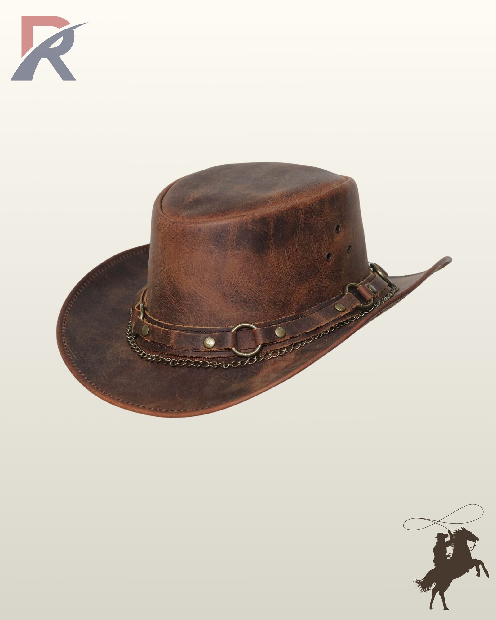 Three-quarter side view of a distressed tan brown leather western hat showcasing side ventilation grommets, brass ring hardware, and a draped brass chain.