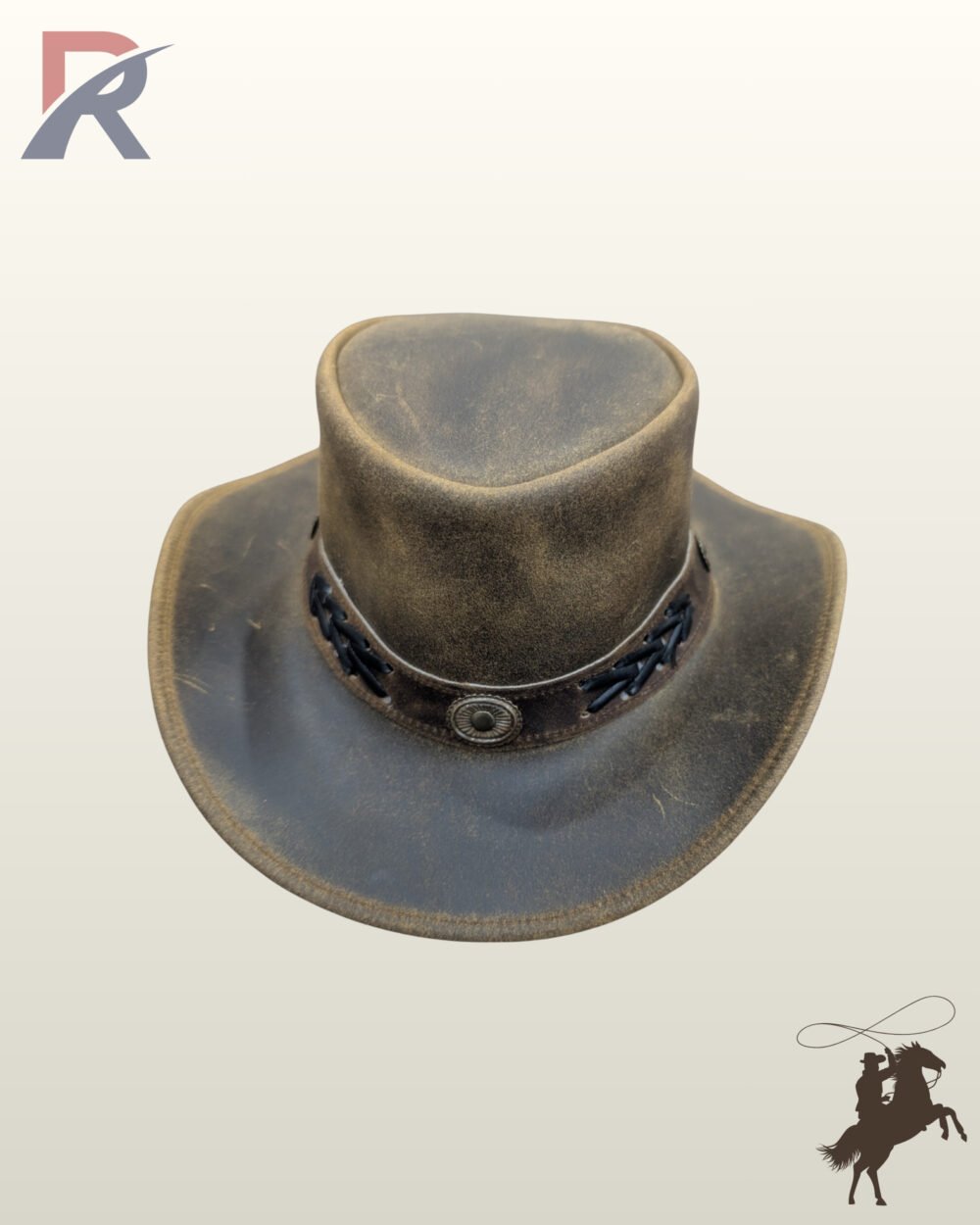 Front view of a distressed brown leather western outback hat adorned with a central antiqued metal concho and braided lace hatband.