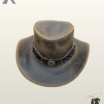 Front view of a distressed brown leather western outback hat adorned with a central antiqued metal concho and braided lace hatband.