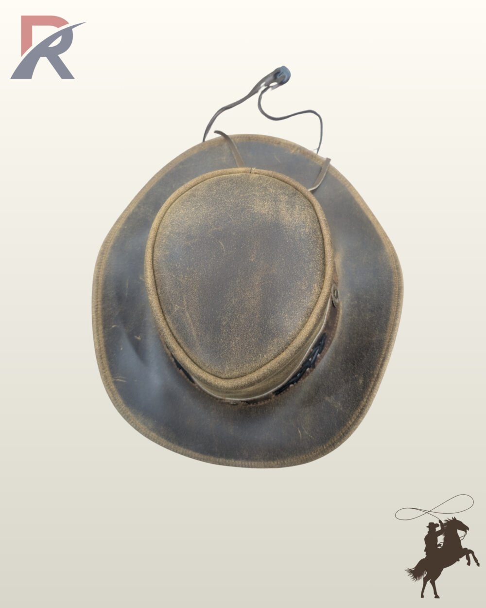 Top bird's-eye perspective of a distressed brown leather western outback hat displaying its teardrop crown crease and adjustable chin strap.