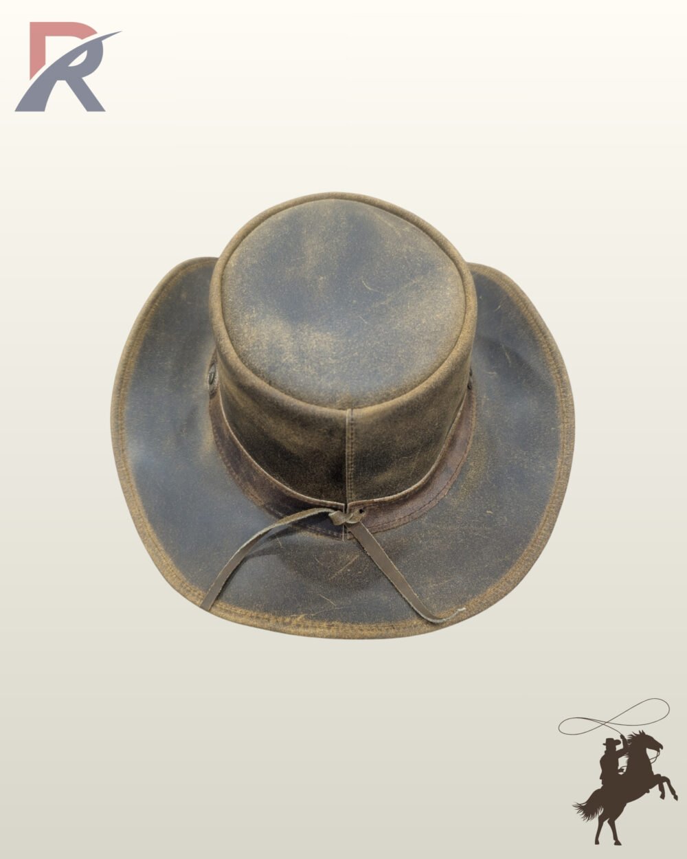 Back perspective of a handcrafted distressed tan-brown leather cowboy hat showcasing its bound brim edge and rear hatband knot.