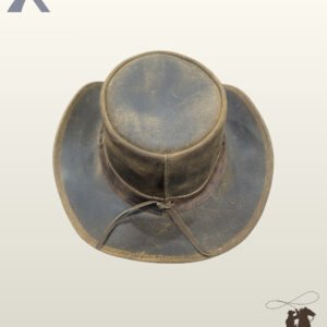 Back perspective of a handcrafted distressed tan-brown leather cowboy hat showcasing its bound brim edge and rear hatband knot.