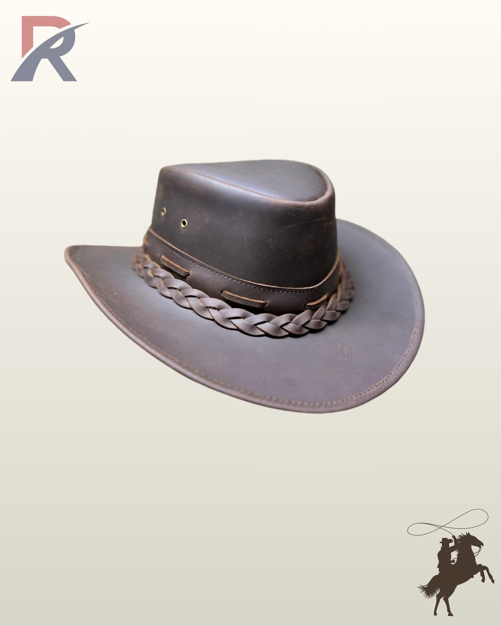 Handcrafted dark brown leather outback hat featuring a teardrop crease crown, curved side brims, and a braided leather band trim.