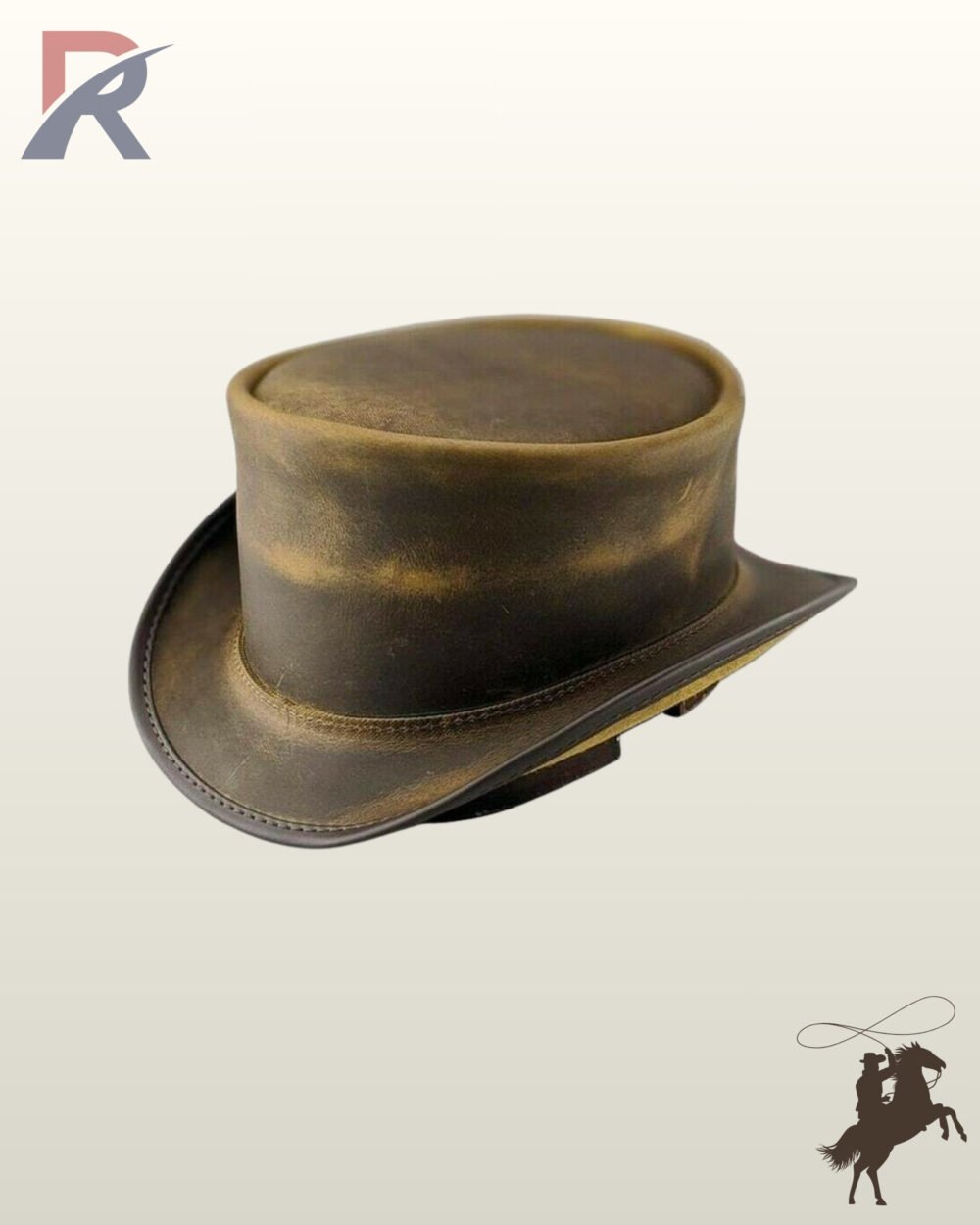 Three-quarter angled side view of a rustic two-tone tan leather steampunk top hat showcasing its weathered finish and curved brim.