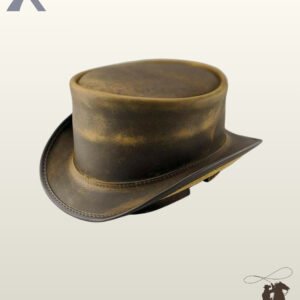 Three-quarter angled side view of a rustic two-tone tan leather steampunk top hat showcasing its weathered finish and curved brim.